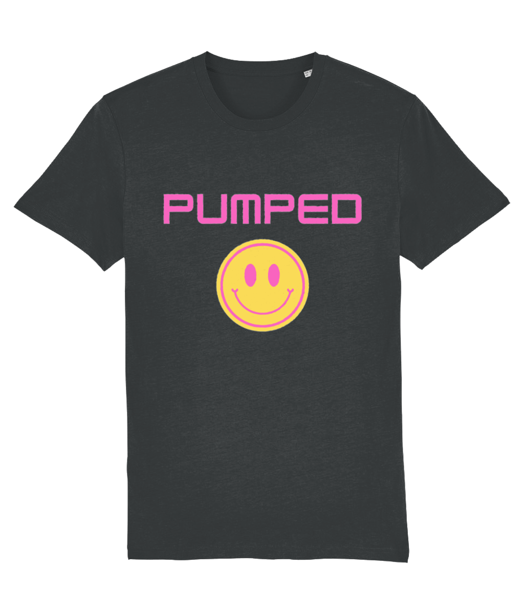 Pumped T-Shirt (Pink Text and Smiley) - Blue/Purple/ Ecru/Black