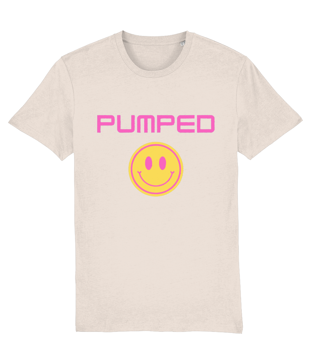 Pumped T-Shirt (Pink Text and Smiley) - Blue/Purple/ Ecru/Black