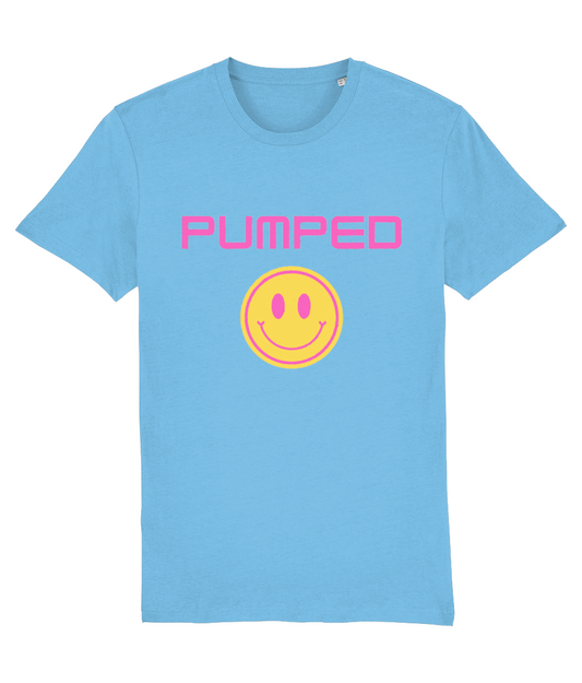 Pumped T-Shirt (Pink Text and Smiley) - Blue/Purple/ Ecru/Black